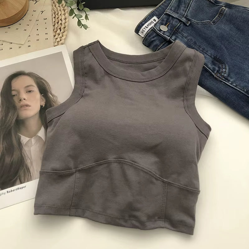 Summer Short I-Word Undershirt Women Beauty All-In-One with Bra Pads Inner Slimming Wrap Short Section Navel Sleeveless Vest